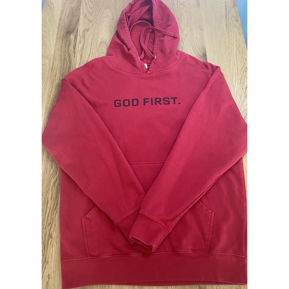 Independent Trading Company "God First" Red Hoodie SZ LRG Church Drawstring - Picture 4 of 11